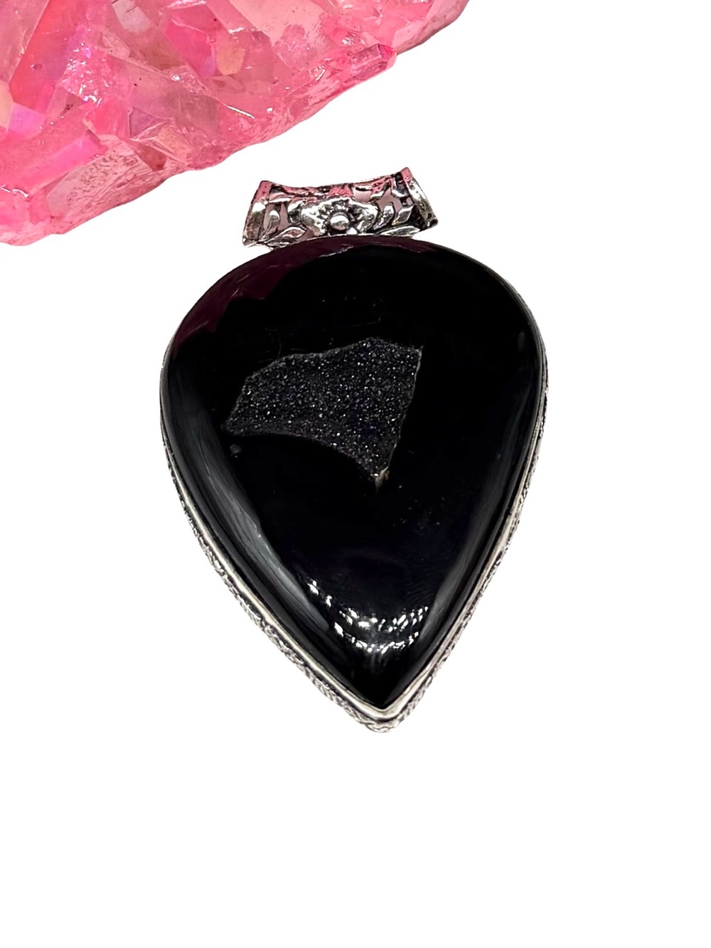 Black Onyx Druzy Pendant Necklace 925 Sterling Silver Overlay